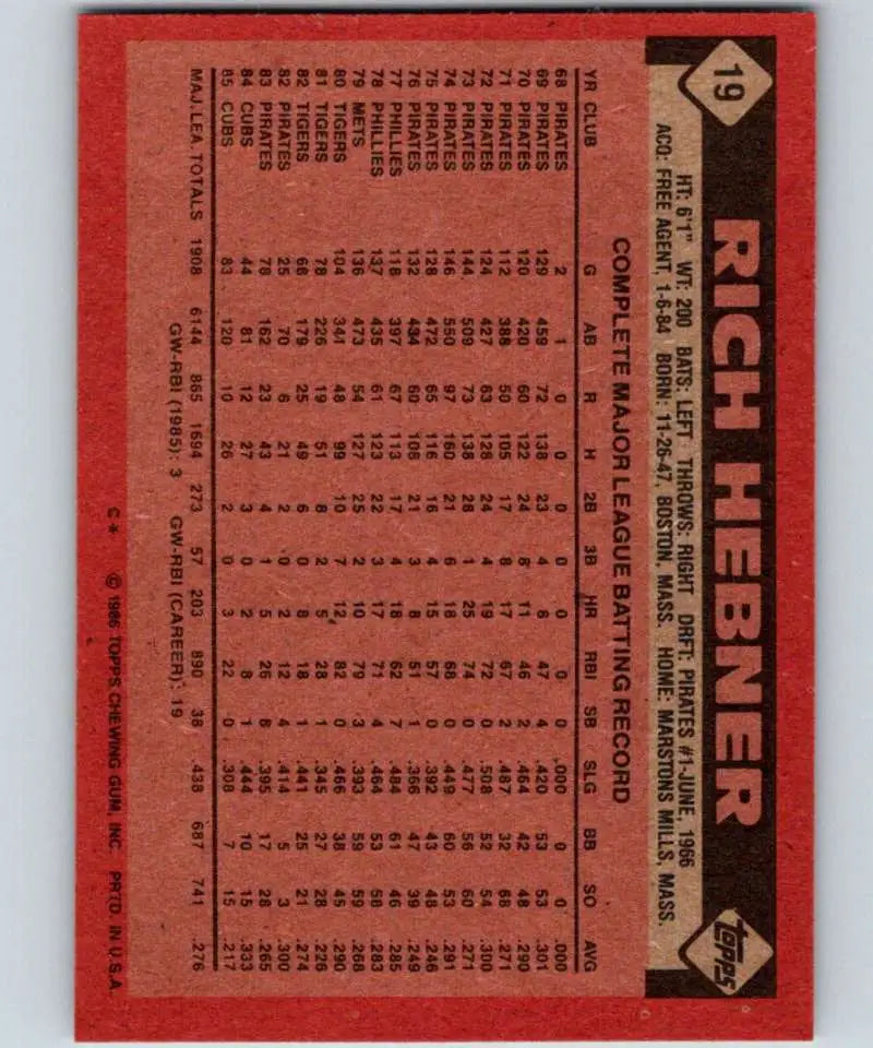 1986 Topps #19 Richie Hebner EX Excellent Chicago Cubs Baseball Card - Baseball Card Single