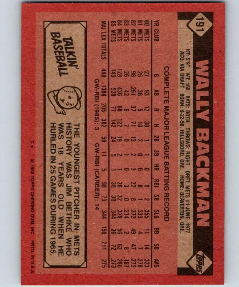 1986 Topps #191 Wally Backman EX Excellent New York Mets Baseball Card - Baseball Card Single