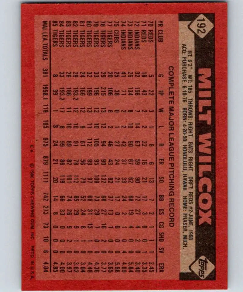 1986 Topps #192 Milt Wilcox EX Excellent Detroit Tigers Baseball Card - Baseball Card Single