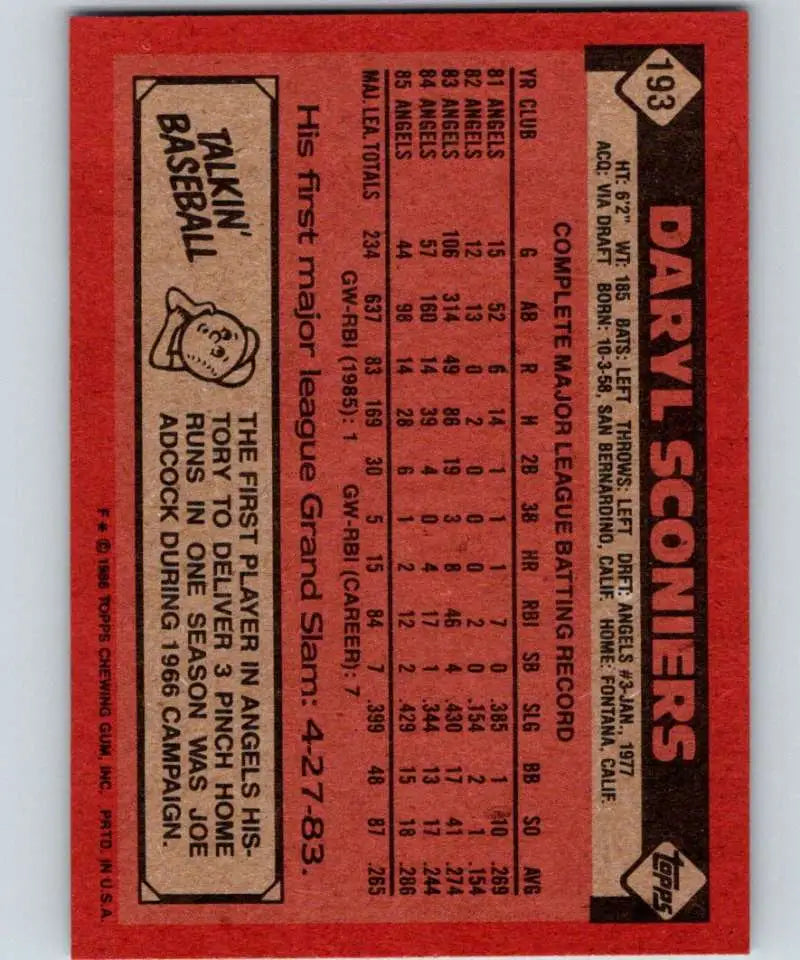 1986 Topps #193 Daryl Sconiers EX Excellent California Angels Baseball Card - Baseball Card Single