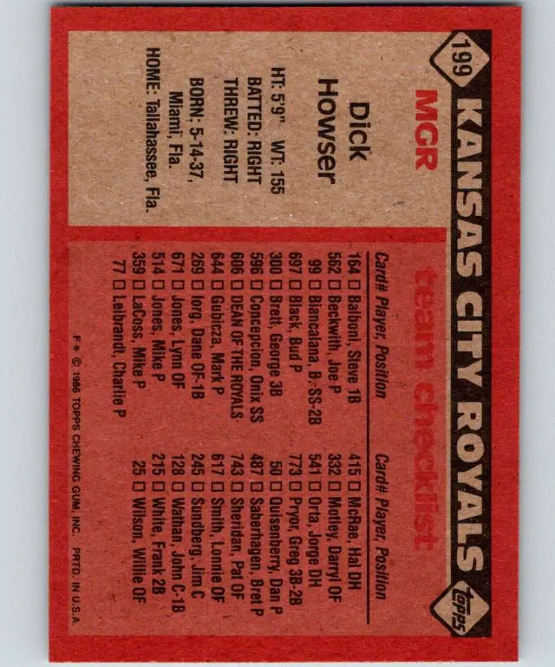 1986 Topps #199 Dick Howser EX Excellent Kansas City Royals Baseball Card - Baseball Card Single