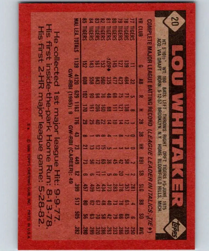 1986 Topps #20 Lou Whitaker EX Excellent Detroit Tigers Baseball Card - Baseball Card Single