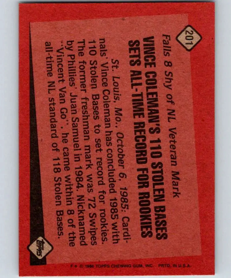 1986 Topps #201 Vince Coleman EX Excellent St. Louis Cardinals Baseball Card - Baseball Card Single