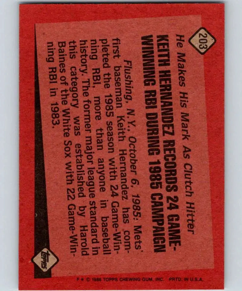1986 Topps #203 Keith Hernandez EX Excellent New York Mets Baseball Card - Baseball Card Single