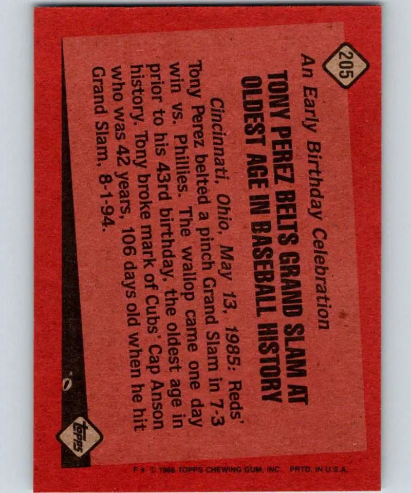 1986 Topps #205 Tony Perez EX Excellent Cincinnati Reds Baseball Card - Baseball Card Single