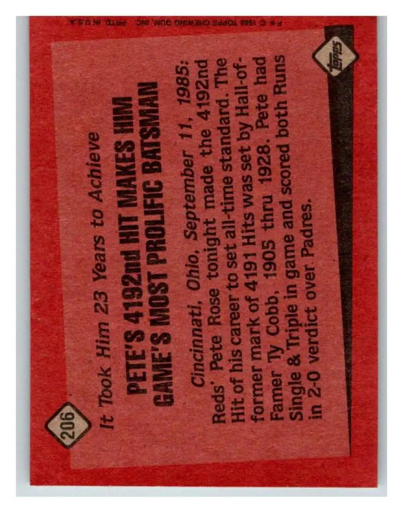 1986 Topps #206 Pete Rose EX Excellent Cincinnati Reds Baseball Card - Baseball Card Single