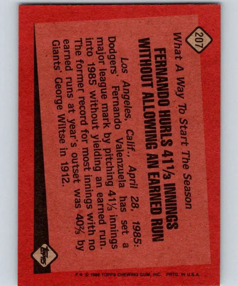1986 Topps #207 Fernando Valenzuela EX Excellent Los Angeles Dodgers Baseball Card - Baseball Card Single