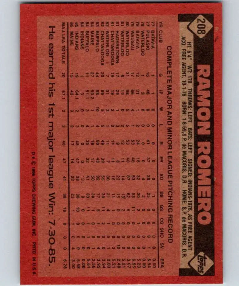 1986 Topps #208 Ramon Romero EX Excellent Cleveland Indians Baseball Card - Baseball Card Single