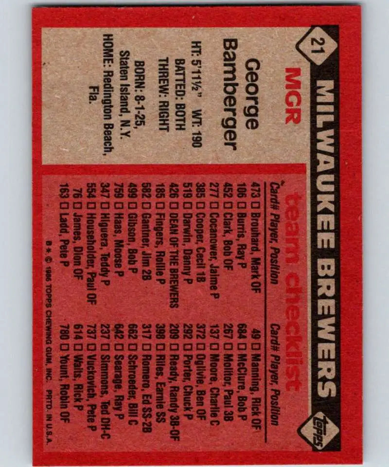 1986 Topps #21 George Bamberger EX Excellent Milwaukee Brewers Baseball Card - Baseball Card Single