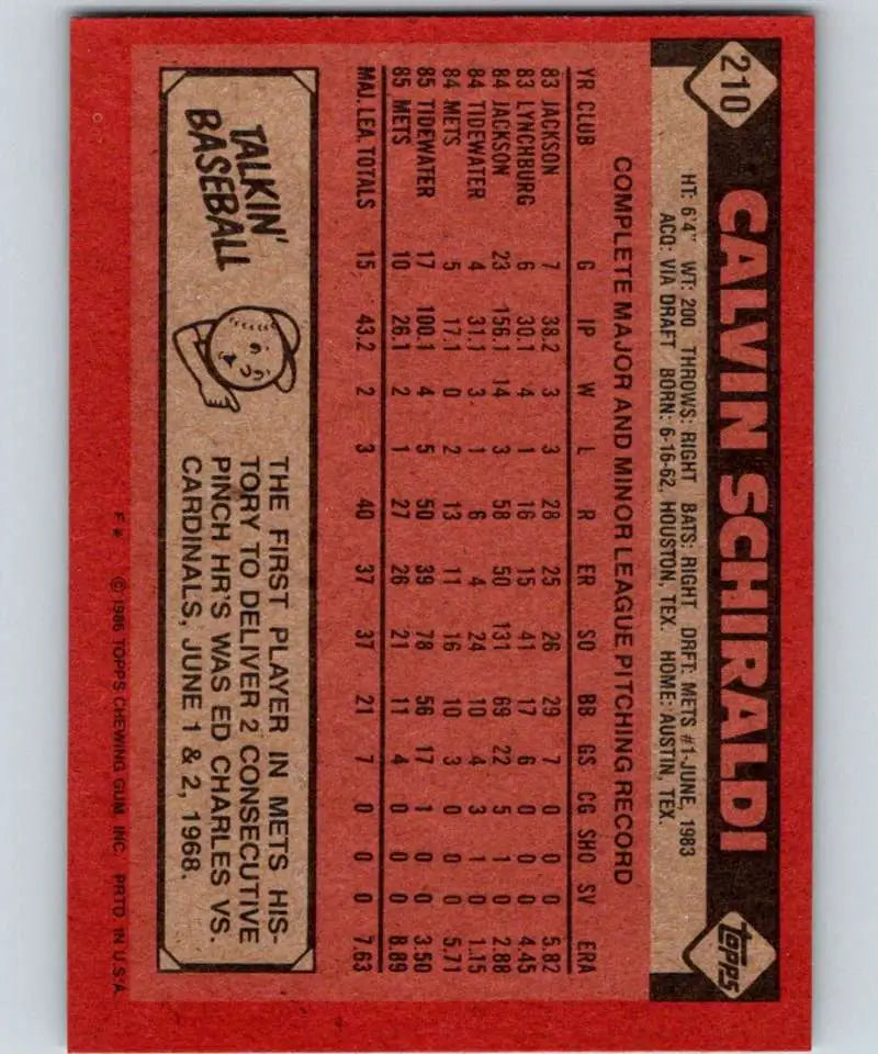 1986 Topps #210 Calvin Schiraldi EX Excellent New York Mets Baseball Card - Baseball Card Single