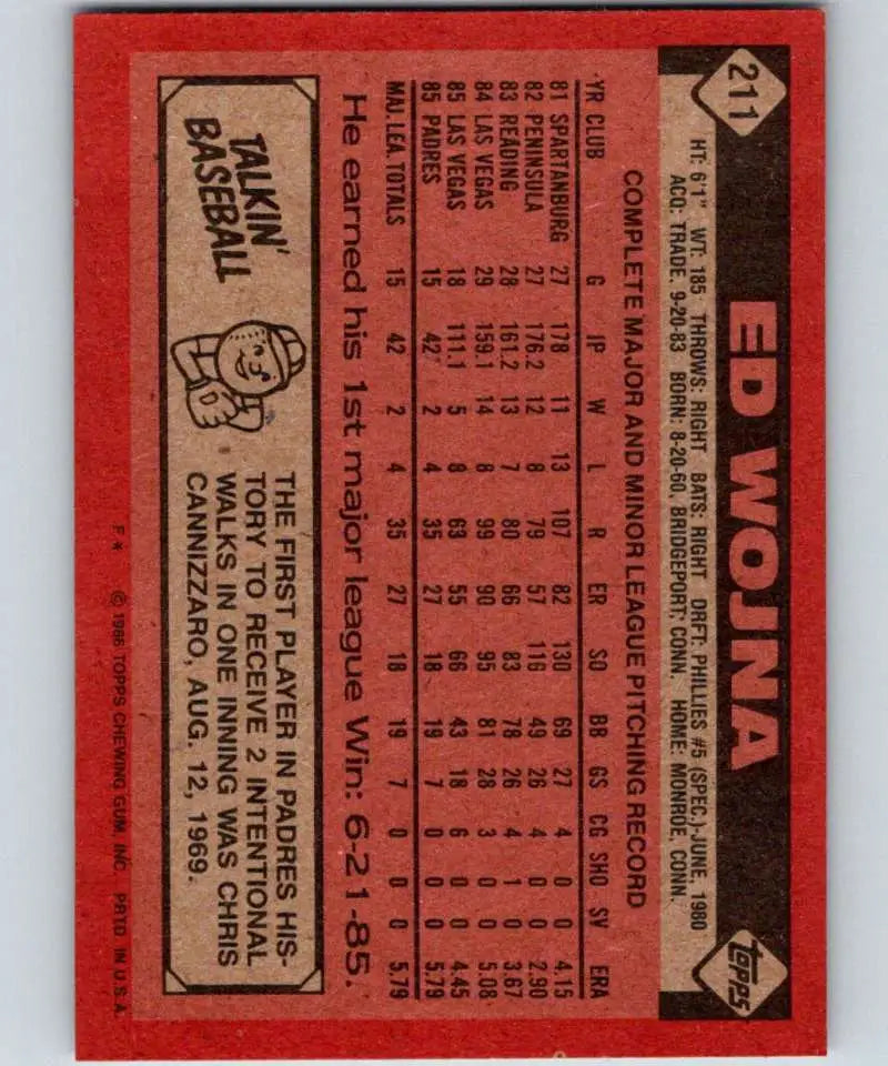 1986 Topps #211 Ed Wojna EX Excellent San Diego Padres Baseball Card - Baseball Card Single
