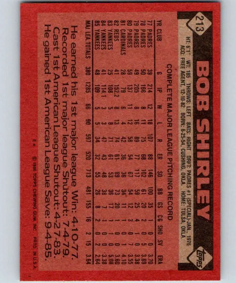 1986 Topps #213 Bob Shirley EX Excellent New York Yankees Baseball Card - Baseball Card Single