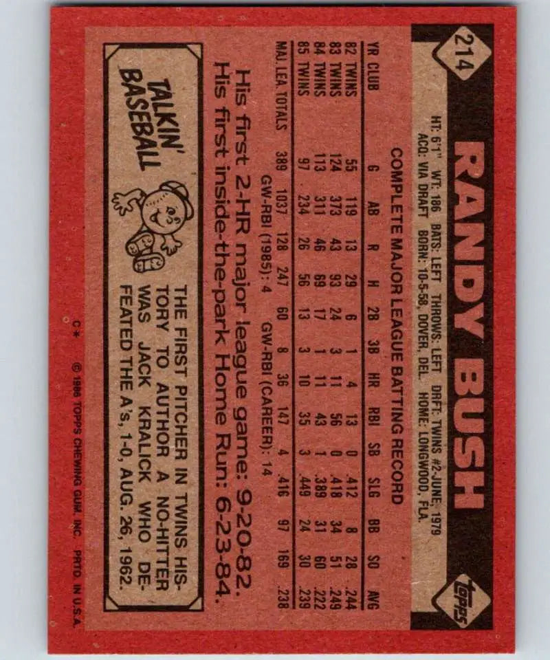 1986 Topps #214 Randy Bush EX Excellent Minnesota Twins Baseball Card - Baseball Card Single