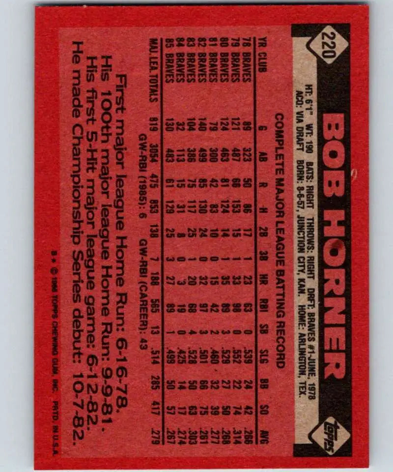 1986 Topps #220 Bob Horner EX Excellent Atlanta Braves Baseball Card - Baseball Card Single