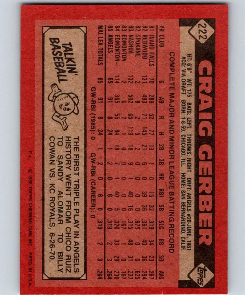 1986 Topps #222 Craig Gerber EX Excellent RC Rookie California Angels Baseball Card - Baseball Card Single