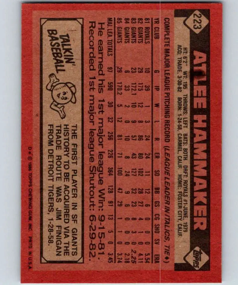 1986 Topps #223 Atlee Hammaker EX Excellent San Francisco Giants Baseball Card - Baseball Card Single