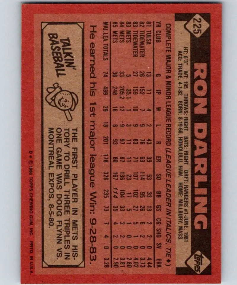 1986 Topps #225 Ron Darling EX Excellent New York Mets Baseball Card - Baseball Card Single