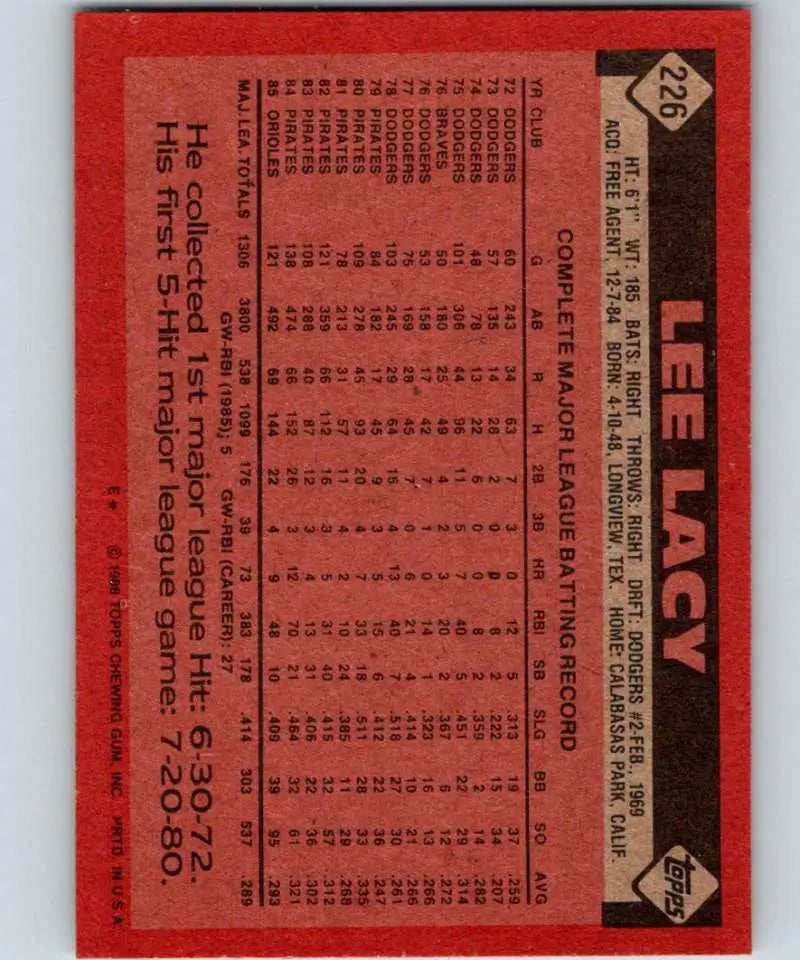 1986 Topps #226 Lee Lacy EX Excellent Baltimore Orioles Baseball Card - Baseball Card Single