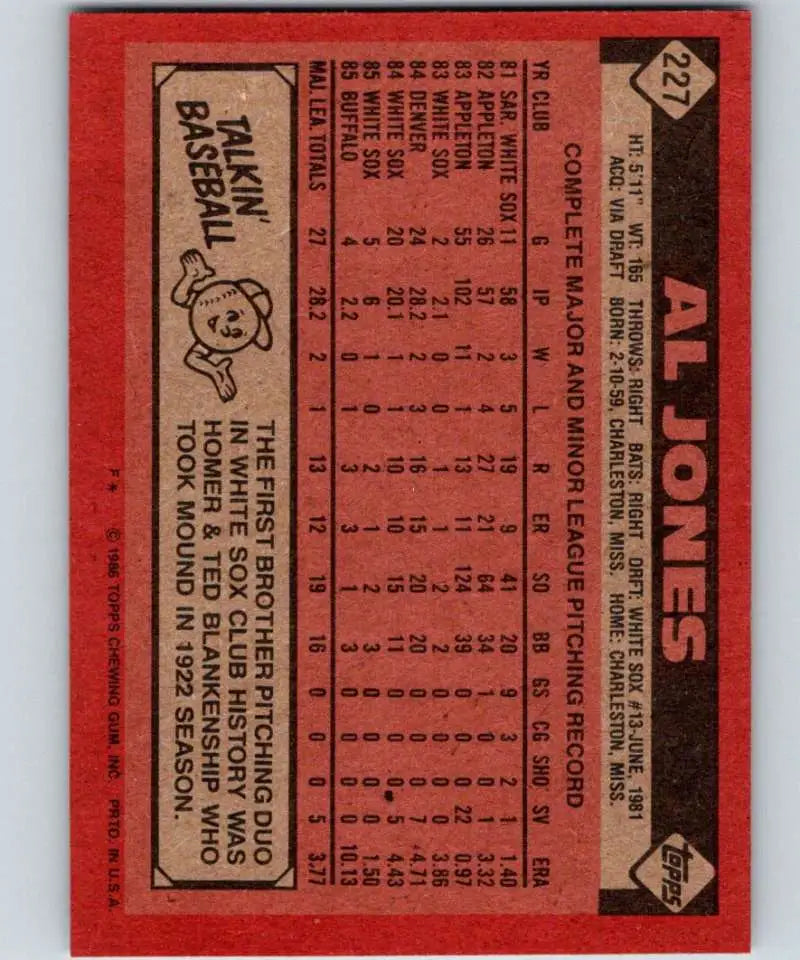 1986 Topps #227 Al Jones EX Excellent Chicago White Sox Baseball Card - Baseball Card Single