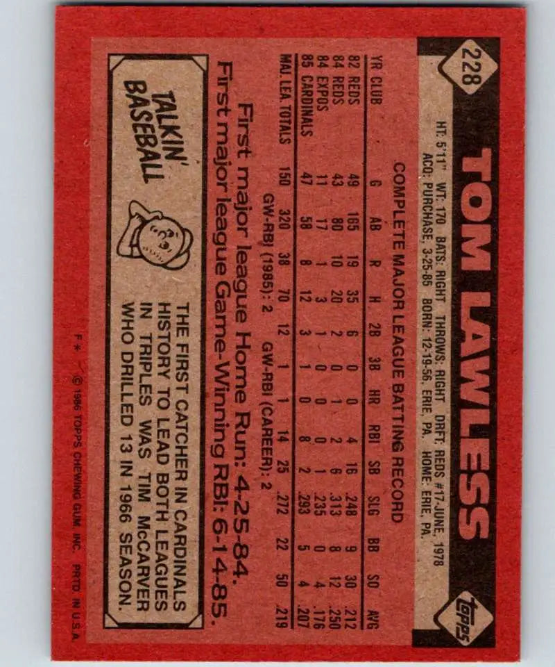 1986 Topps #228 Tom Lawless EX Excellent St. Louis Cardinals Baseball Card - Baseball Card Single