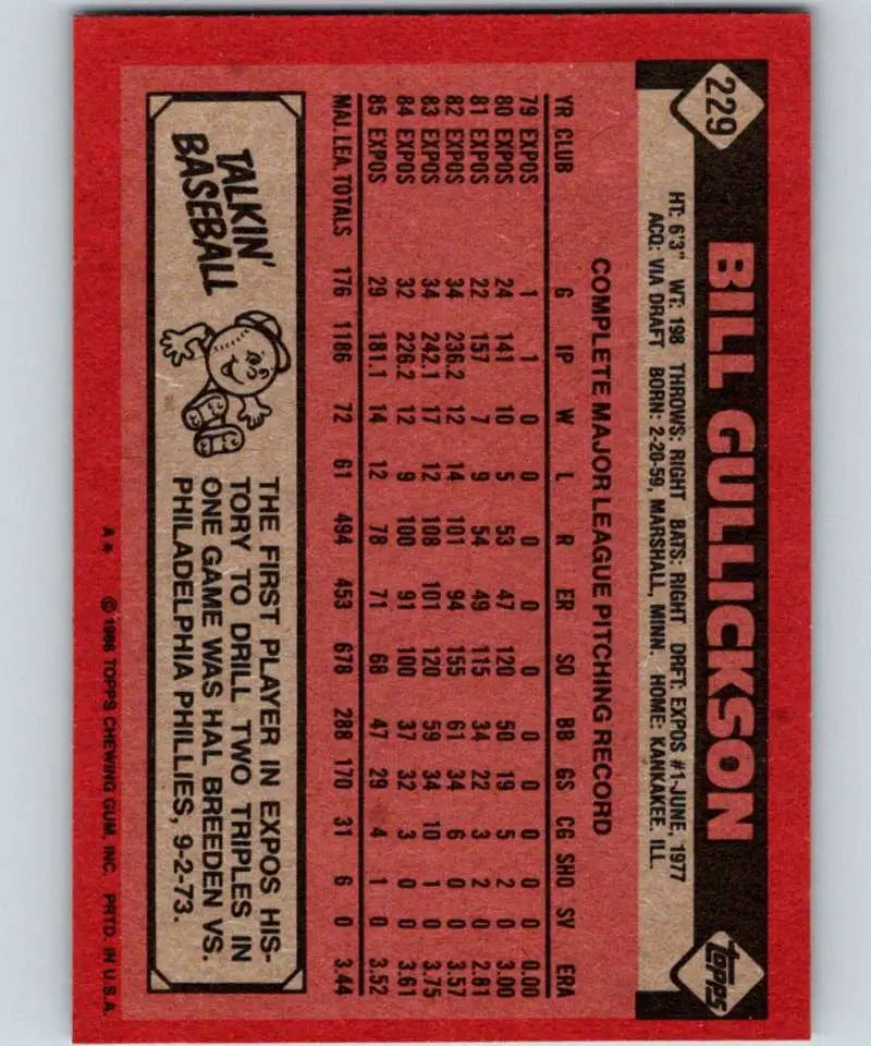 1986 Topps #229 Bill Gullickson EX Excellent Montreal Expos Baseball Card - Baseball Card Single