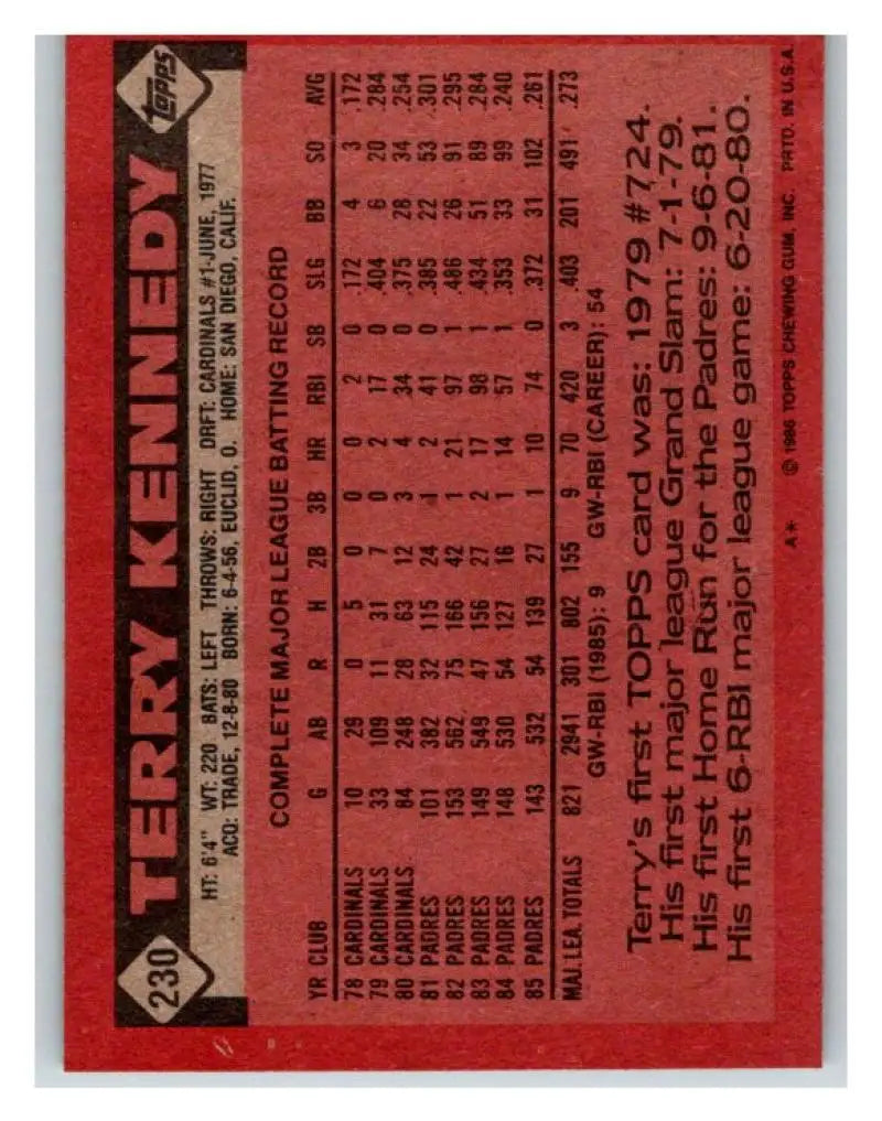 1986 Topps #230 Terry Kennedy EX Excellent San Diego Padres Baseball Card - Baseball Card Single