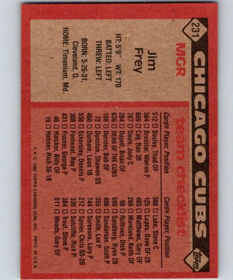 1986 Topps #231 Jim Frey EX Excellent Chicago Cubs Baseball Card - Baseball Card Single