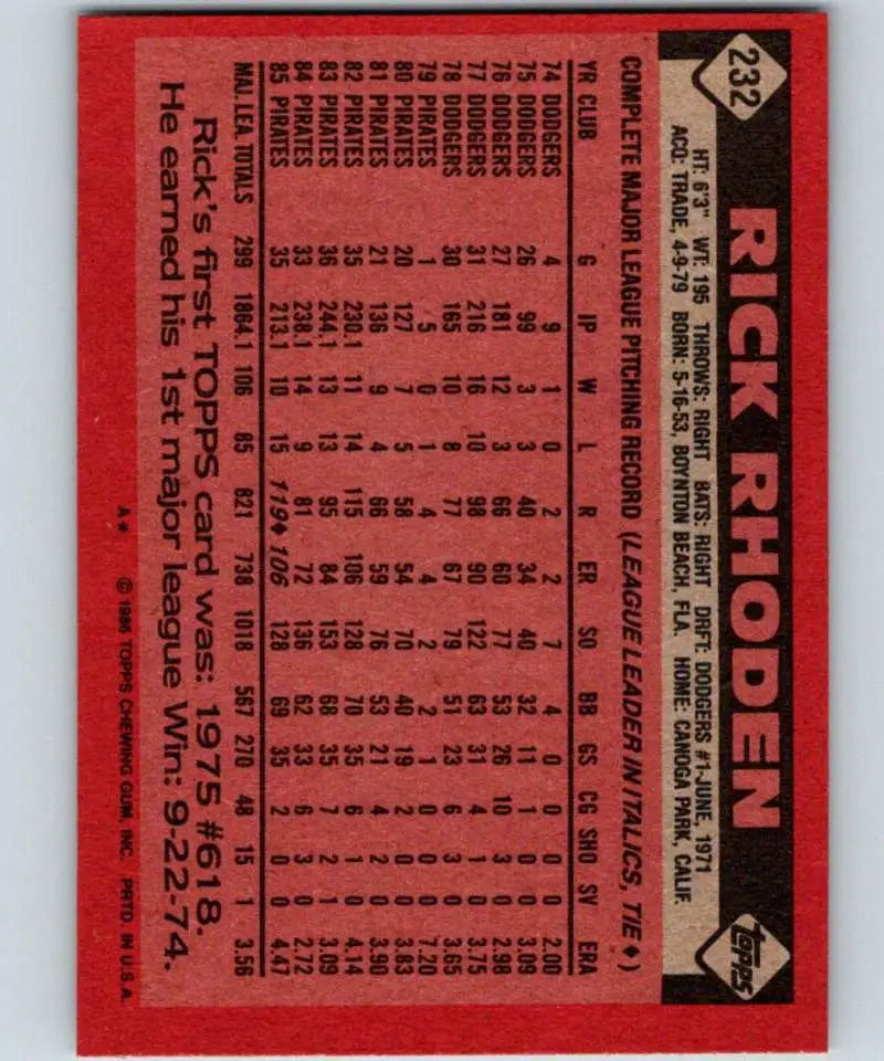 1986 Topps #232 Rick Rhoden EX Excellent Pittsburgh Pirates Baseball Card - Baseball Card Single