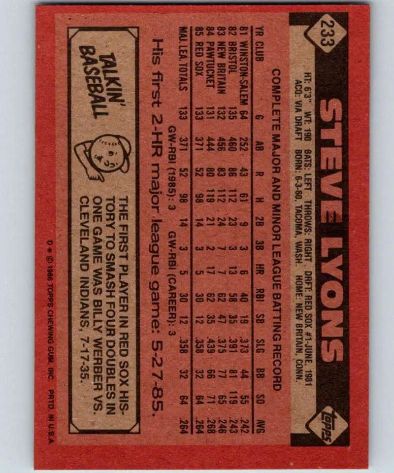 1986 Topps #233 Steve Lyons EX Excellent Boston Red Sox Baseball Card - Baseball Card Single