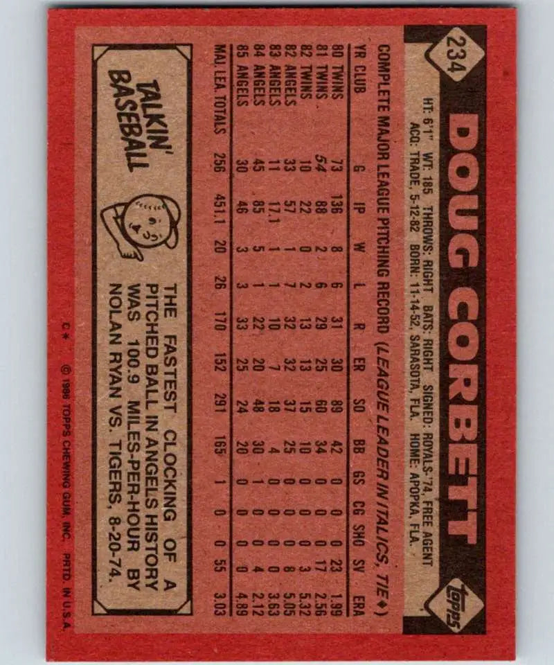 1986 Topps #234 Doug Corbett EX Excellent California Angels Baseball Card - Baseball Card Single