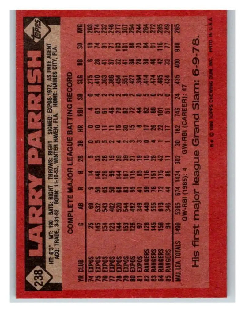 1986 Topps #238 Larry Parrish EX Excellent Texas Rangers Baseball Card - Baseball Card Single