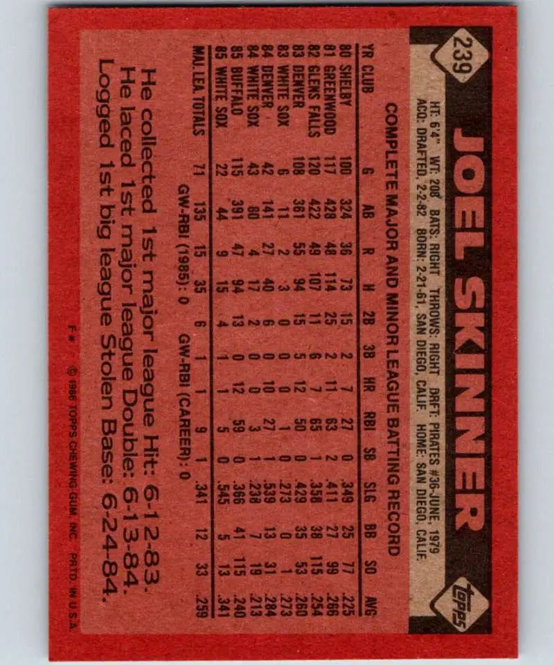 1986 Topps #239 Joel Skinner EX Excellent Chicago White Sox Baseball Card - Baseball Card Single