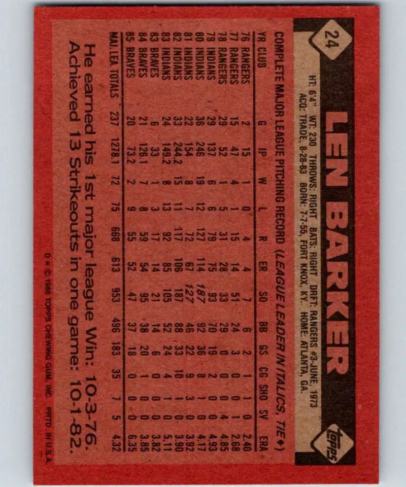1986 Topps #24 Len Barker EX Excellent Atlanta Braves Baseball Card - Baseball Card Single