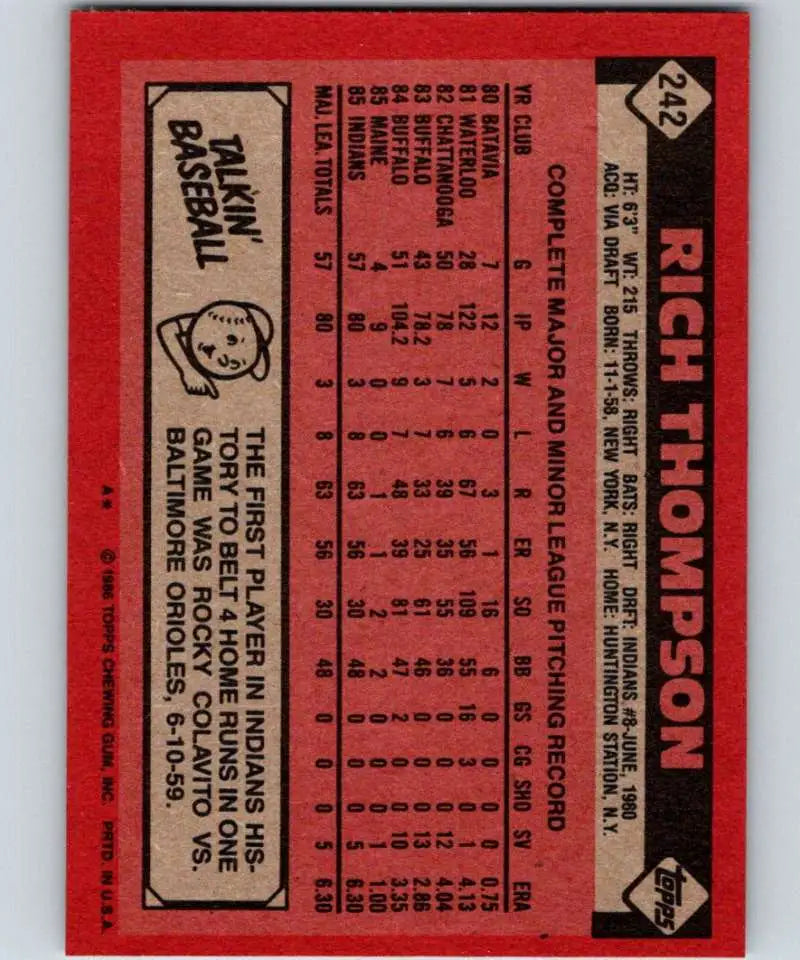 1986 Topps #242 Rich Thompson EX Excellent Cleveland Indians Baseball Card - Baseball Card Single
