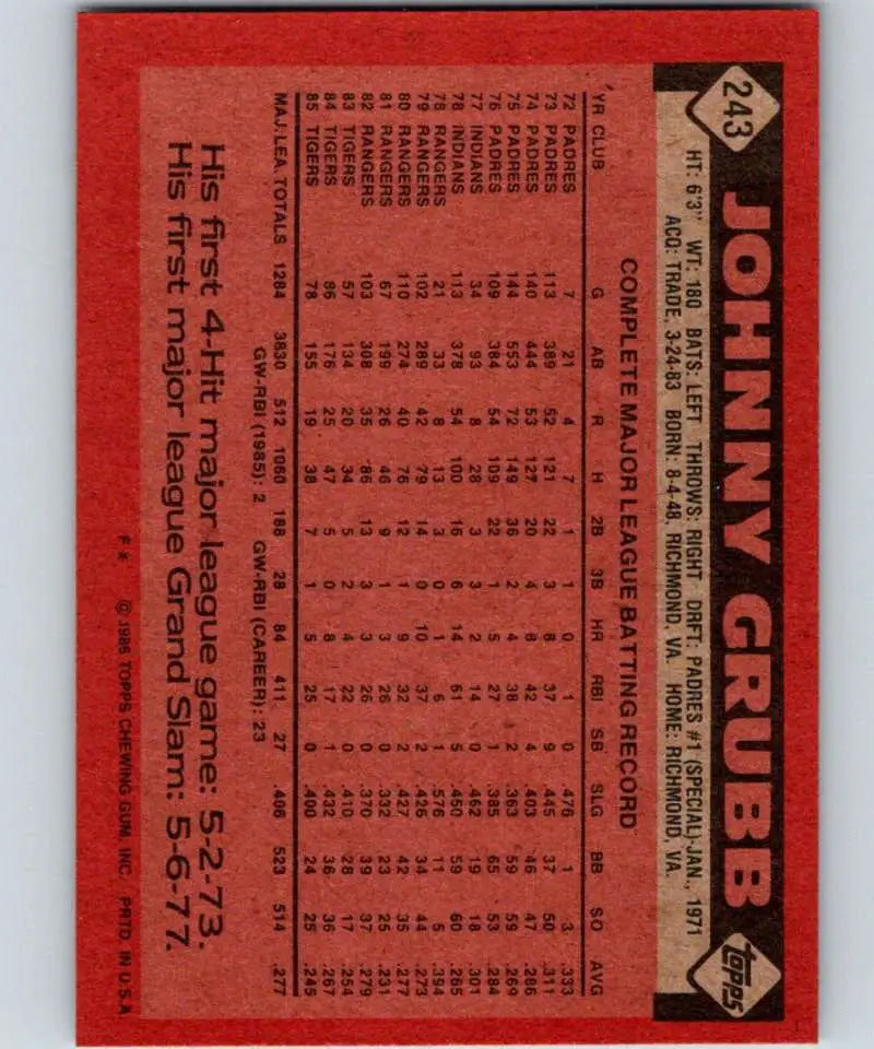 1986 Topps #243 Johnny Grubb EX Excellent Detroit Tigers Baseball Card - Baseball Card Single