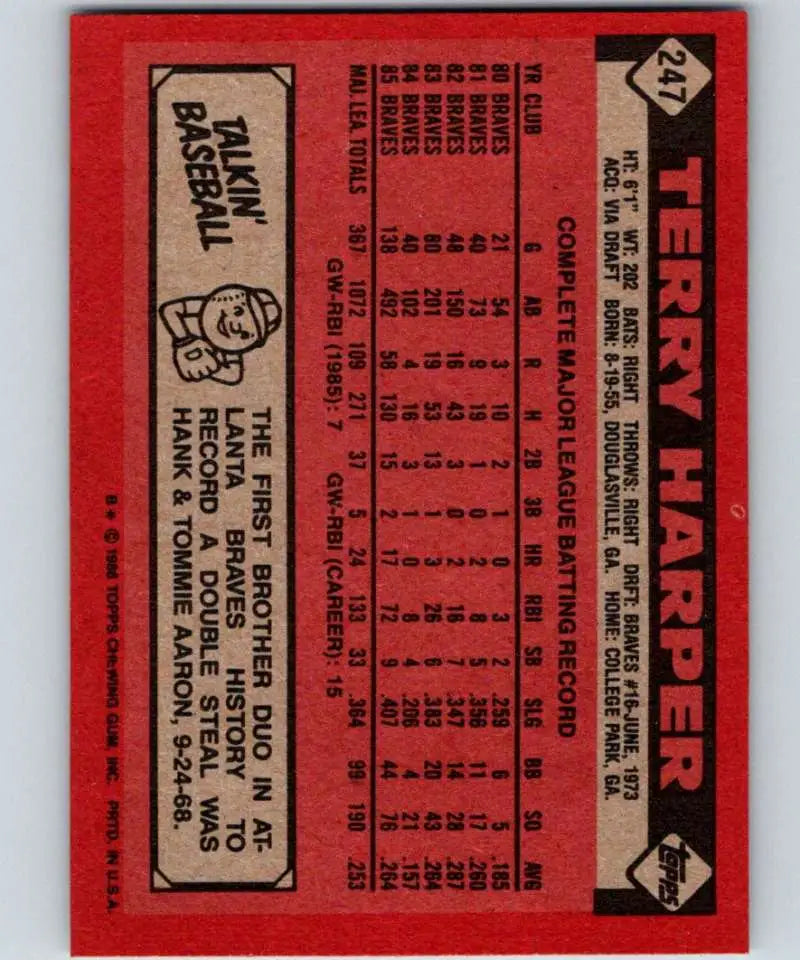 1986 Topps #247 Terry Harper EX Excellent Atlanta Braves Baseball Card - Baseball Card Single