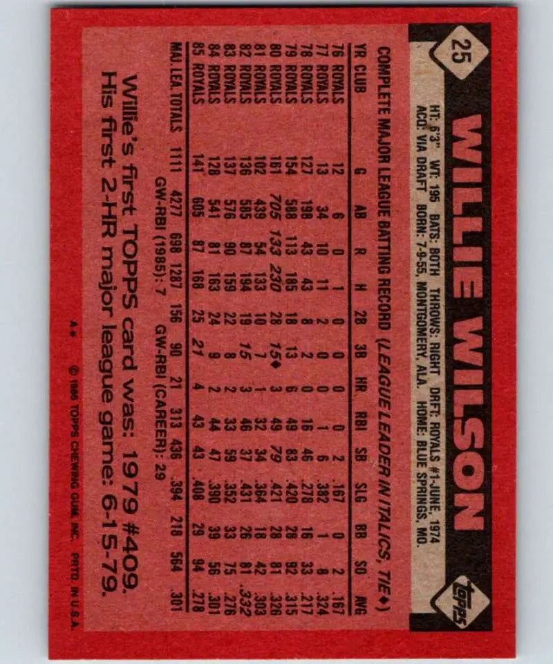 1986 Topps #25 Willie Wilson EX Excellent Kansas City Royals Baseball Card - Baseball Card Single