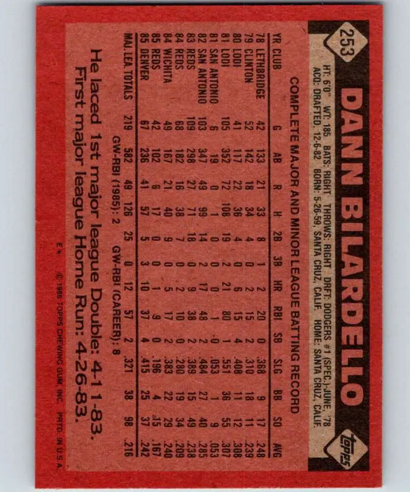 1986 Topps #253 Dann Bilardello EX Excellent Cincinnati Reds Baseball Card - Baseball Card Single