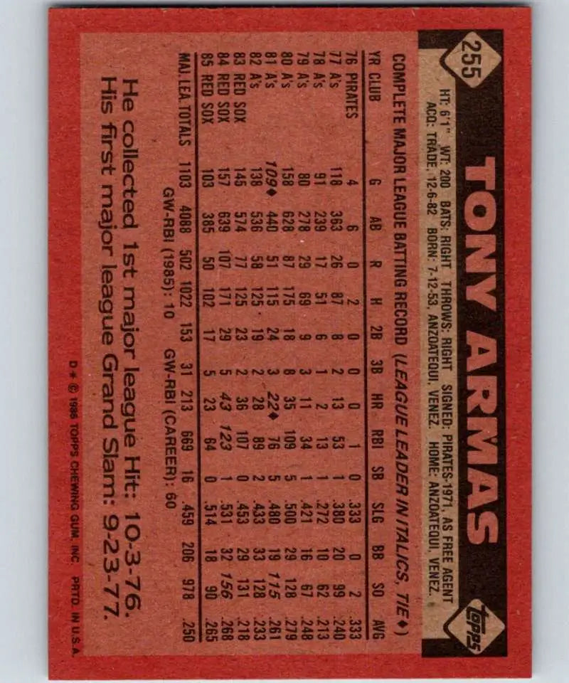 1986 Topps #255 Tony Armas EX Excellent Boston Red Sox Baseball Card - Baseball Card Single