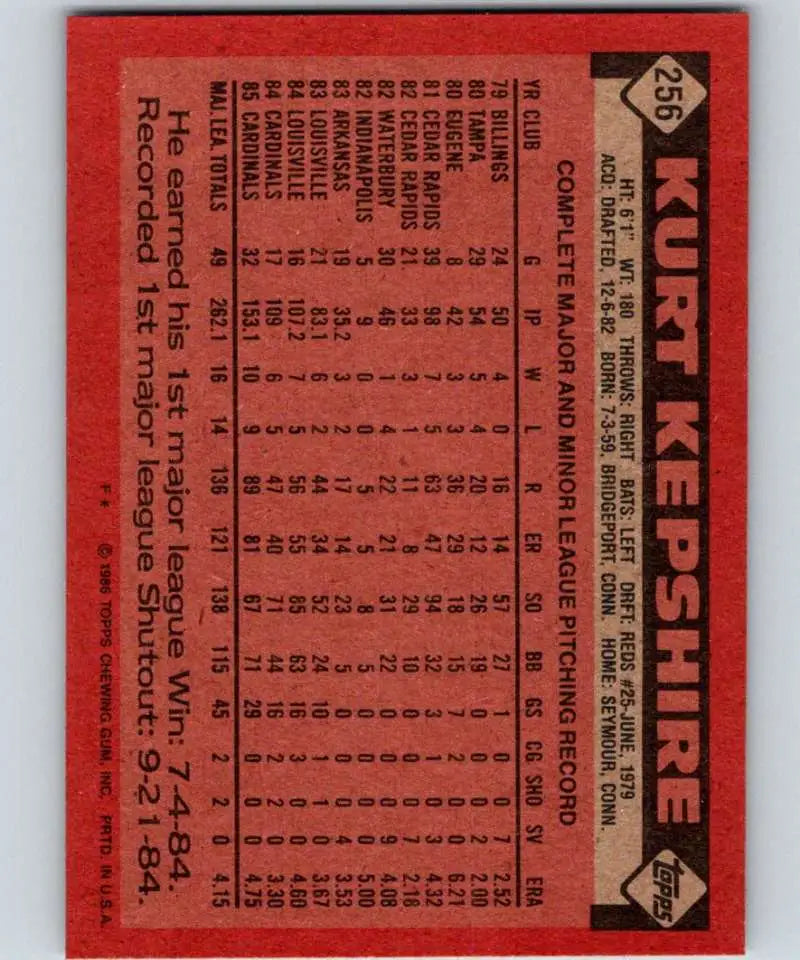 1986 Topps #256 Kurt Kepshire EX Excellent St. Louis Cardinals Baseball Card - Baseball Card Single