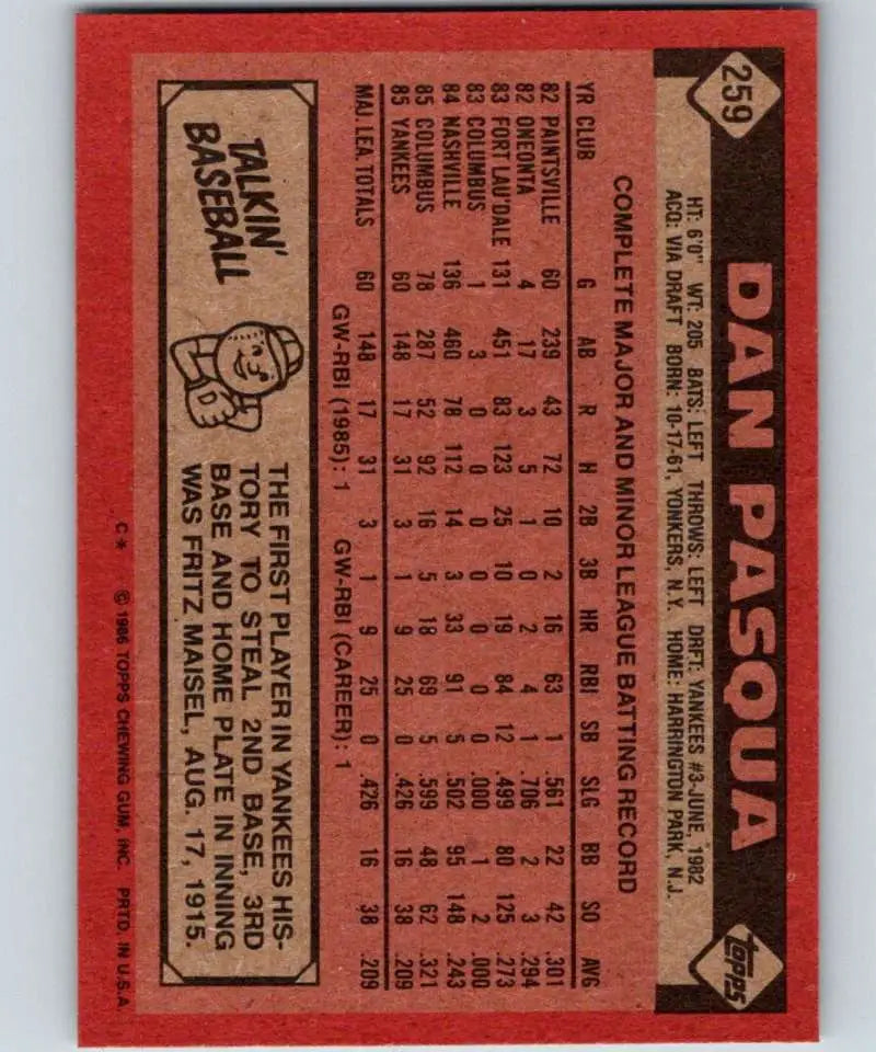1986 Topps #259 Dan Pasqua EX Excellent New York Yankees Baseball Card - Baseball Card Single