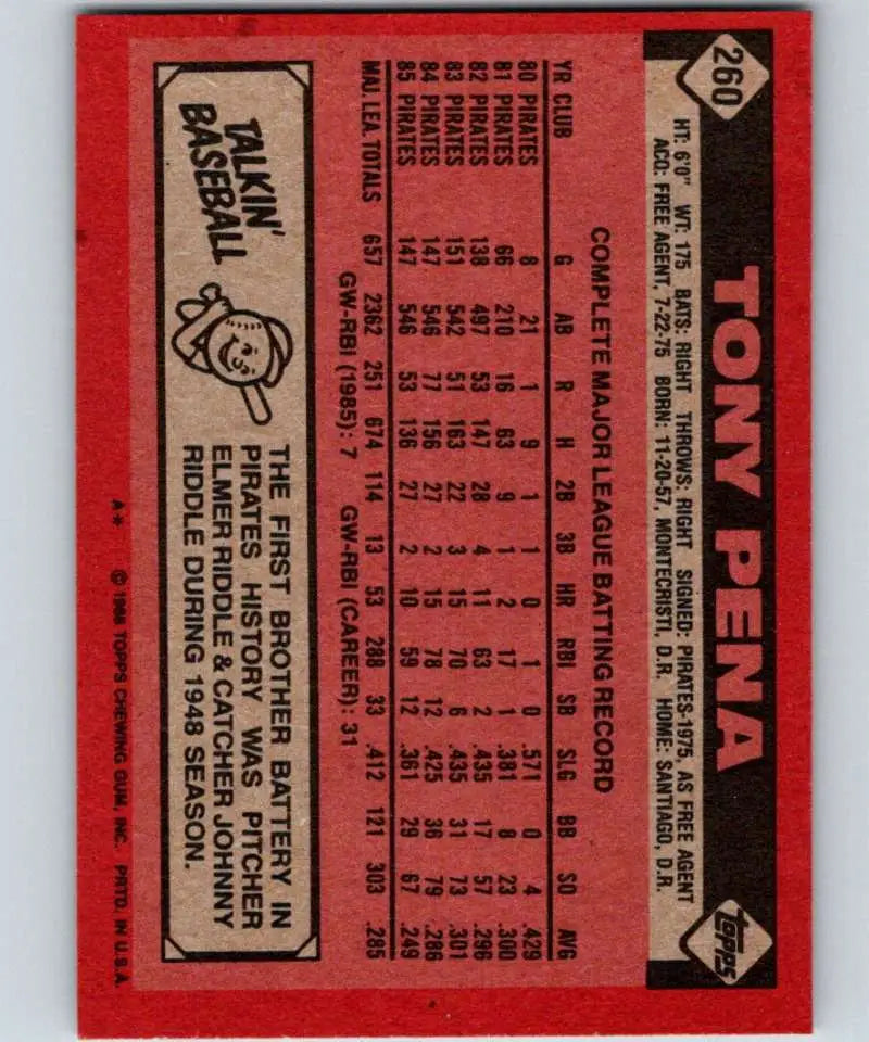 1986 Topps #260 Tony Pena EX Excellent Pittsburgh Pirates Baseball Card - Baseball Card Single