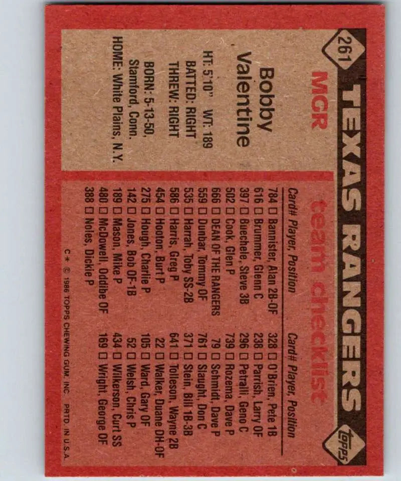 1986 Topps #261 Bobby Valentine EX Excellent Texas Rangers Baseball Card - Baseball Card Single