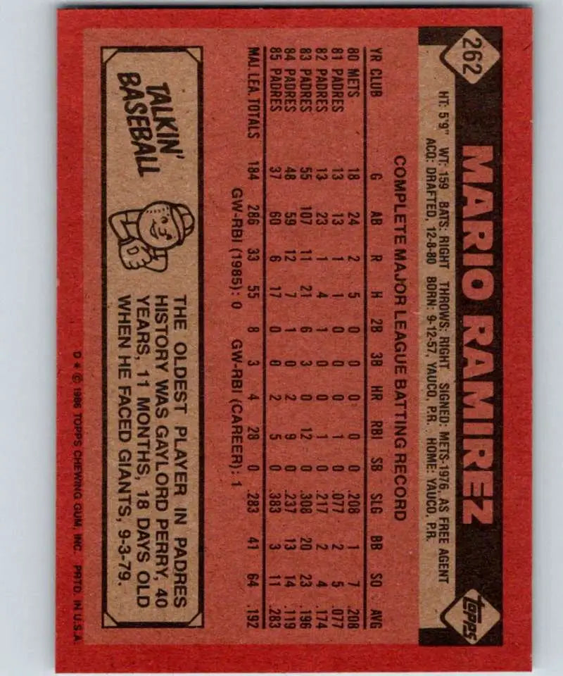 1986 Topps #262 Mario Ramirez EX Excellent San Diego Padres Baseball Card - Baseball Card Single