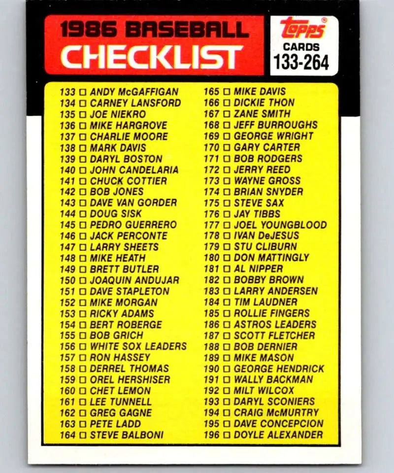 1986 Topps #263 Checklist 133-264 EX Excellent Checklist Baseball Card - Baseball Card Single