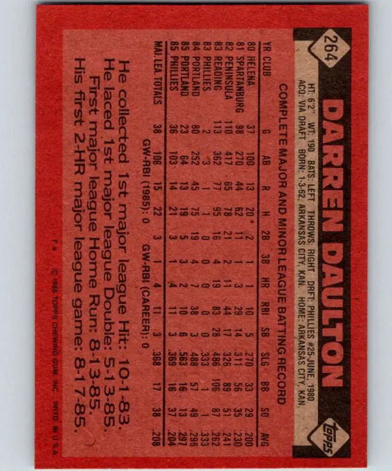 1986 Topps #264 Darren Daulton EX Excellent RC Rookie Philadelphia Phillies Baseball Card - Baseball Card Single