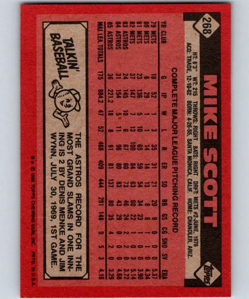 1986 Topps #268 Mike Scott EX Excellent Houston Astros Baseball Card - Baseball Card Single