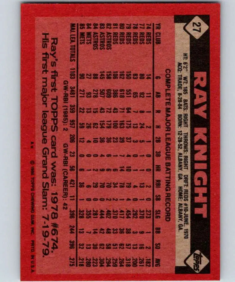 1986 Topps #27 Ray Knight EX Excellent New York Mets Baseball Card - Baseball Card Single