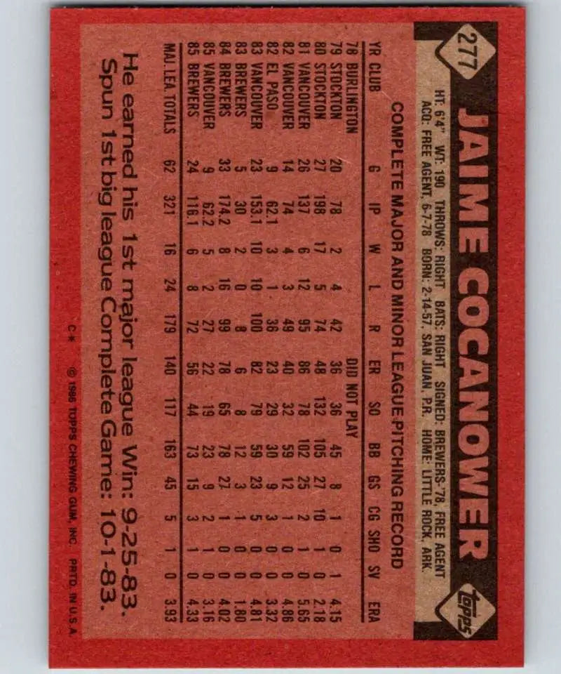 1986 Topps #277 Jaime Cocanower EX Excellent Milwaukee Brewers Baseball Card - Baseball Card Single