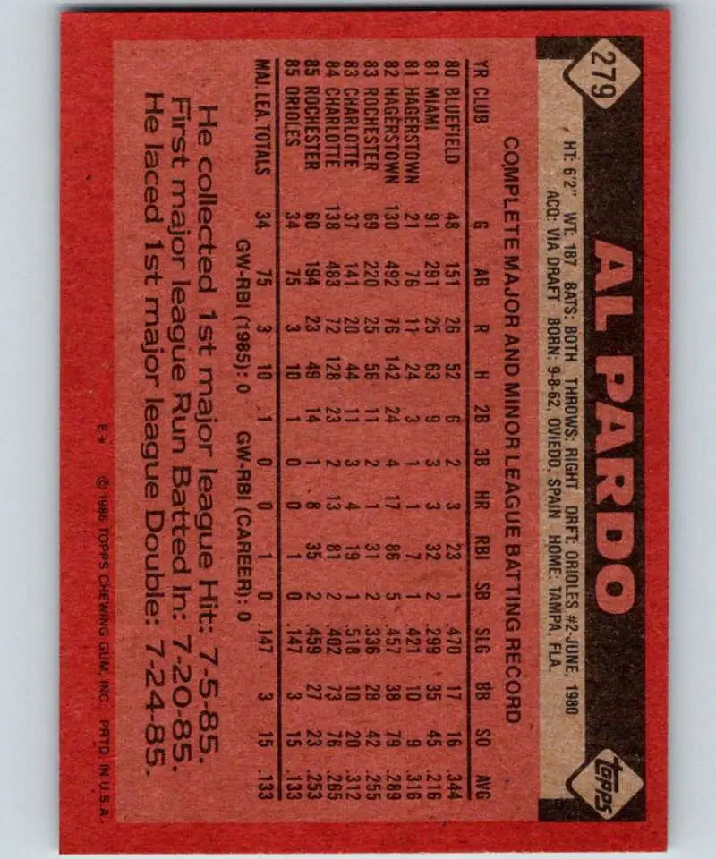 1986 Topps #279 Al Pardo EX Excellent RC Rookie Baltimore Orioles Baseball Card - Baseball Card Single